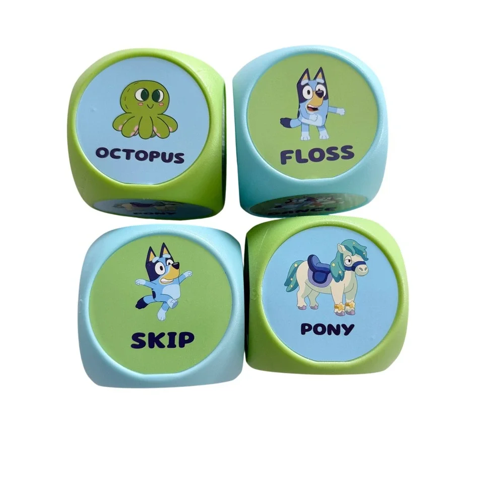 Bluey Action Dice Kids OS Blue Green 4 Inch Movement Game 4pc Set Plastic